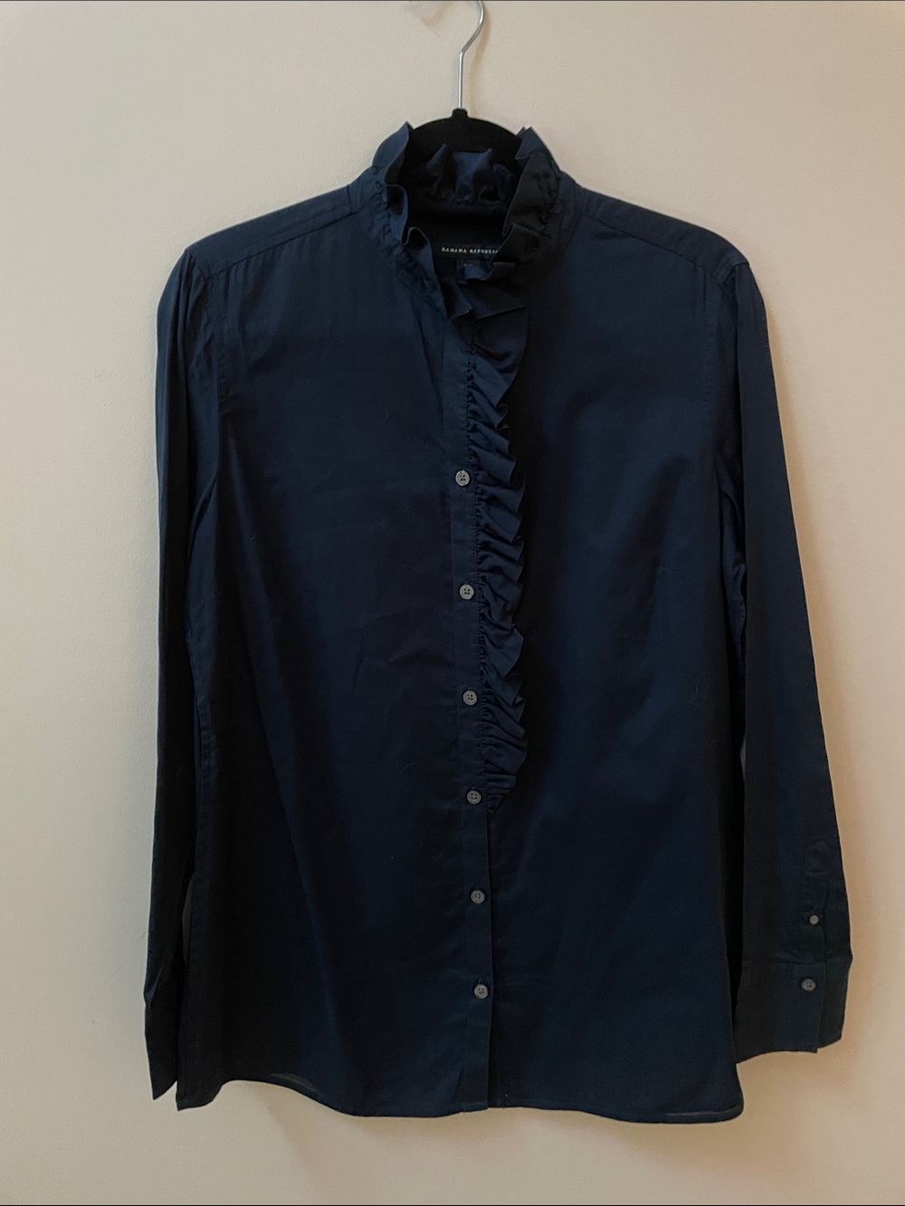 Banana Republic Navy Ruffle-Front Button Down